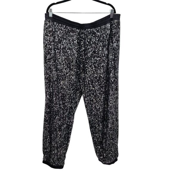 Scoop Women’s Sequin Joggers 3X Black Silver Pull-on Relaxed Drawstring Pockets - Picture 5 of 13